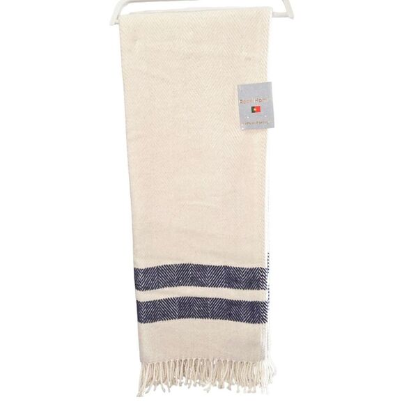 Roca Home Oversized Throw Blanket Ivory Blue Cotton Blend 50x67 Made In Portugal - Picture 9 of 9